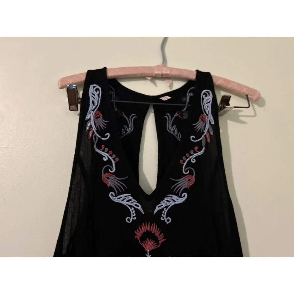 Intimately Free People Black Embroidered Boho Tassel Tunic Dress Sleeveless Keyh - Picture 3 of 16